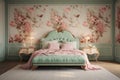 An elegant bedroom featuring a wall with a 3D floral pattern in soft pastels, Royalty Free Stock Photo