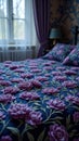 Elegant bedroom with floral bedding and soft natural light seeping through window curtains Royalty Free Stock Photo