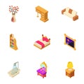 Elegant bedroom icons set, isometric style