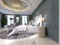 Elegant bedroom interior with large comfortable bed and sofa with dressing table