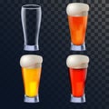 Elegant beer glasses in four versions for lager, amber ale and stout with an empty one also included. Photo-realistic illus
