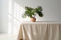 Elegant Beige Cotton Tablecloth on Counter Table with Tropical Vibes. Generative AI