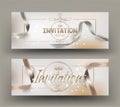 Elegant beige invitation cards with beautiful ribbons and vintage deco elements.