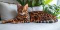 Elegant Bengal Cat Resting Gracefully on Cozy Sofa, Showcasing Striking Fur Patterns and Charm Royalty Free Stock Photo