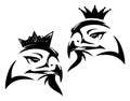 Royal eagle or hawk bird wearing crown black vector portrait