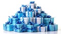 Elegant Birthday Gift Boxes Silhouette A Large Stack of Beautifully Wrapped Presents with Blue Ribbons on a White Royalty Free Stock Photo