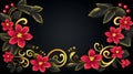 Elegant black background, gold swirls, bright red flowers, luxurious design, shiny leaves Royalty Free Stock Photo