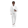 Elegant black business man wearing formal or smart casual outfit - gray suit and sneakers. African American young male character Royalty Free Stock Photo