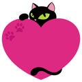 Elegant Black Cat With Pink Heart Copy Space Flat Vector Illustration Isolated on White