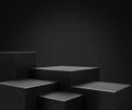 Elegant black cube stand for product placement mockup. Dark podium exhibition scene background. Minimal box platform showroom with