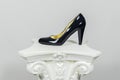 Elegant black female high-heeled leather shoe on greek column Royalty Free Stock Photo