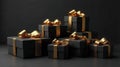 Elegant black gift boxes with gold ribbons arranged in a stylish stack. Generative AI Royalty Free Stock Photo