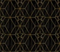 Elegant dark wood and gold abstract geometric design of stars on overlapping hexagons in a minimalist line art style. Royalty Free Stock Photo
