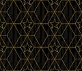 Elegant dark wood and gold abstract geometric design of stars on overlapping hexagons in a minimalist line art style.