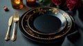 Elegant black and gold dinnerware setting with candles and roses. Generative AI Royalty Free Stock Photo