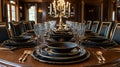 Elegant Black and Gold Formal Dinner Table Setting Royalty Free Stock Photo
