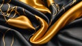 Elegant black and gold silk satin fabric background. Highly detailed and wavy two-tone fabric texture. AI-Generated Royalty Free Stock Photo