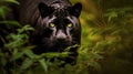 Elegant black panther stands among a lush backdrop of green foliage. AI-generated.