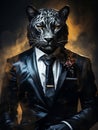 Elegant Black Panther in a Suit with a Tie and Boutonniere Personifying Strength and Leadership in a Mysterious Smoke-filled