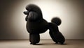 An elegant black standard poodle stands in profile, showcasing a luxurious and well-maintained pompadour grooming style.