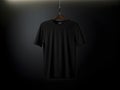 Elegant Black T-shirt Mockup on Sleek Metal Hanger Set Against Neutral Background. Generative Ai