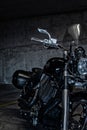 Elegant, black victory Motorcycle Parked in Garage, vertical