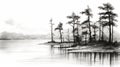 Elegant Black And White Digital Painting: Tranquil Pine Trees By The Lake