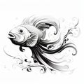 Elegant Black And White Fish Illustration With Swirling Vortexes