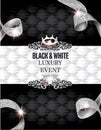 Elegant BLACK & WHITE Luxury event invitation card with silk textured curled ribbons and leather background.