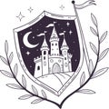 Medieval Castle Shield Emblem with Moon and Stars â Fantasy Vector Illustration Royalty Free Stock Photo