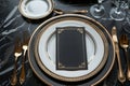 Elegant blank place card on a dinner plate at a wedding reception Royalty Free Stock Photo