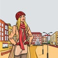 Elegant blonde woman after shopping in autumn city