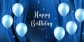 Elegant blue ballon and silk curtain background Happy Birthday celebration card banner template Royalty Free Stock Photo