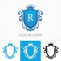 Elegant Blue Blazon with shape of Shield - Vector Emblem