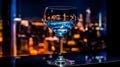 Elegant Blue Cocktail with Cityscape Backdrop