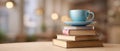 The elegant blue cup resting atop a stack of books in a cozy setting. AI generated image Royalty Free Stock Photo