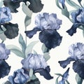 Elegant Blue Iris Flowers on Seamless White Background Pattern Royalty Free Stock Photo