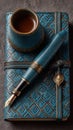 Elegant blue journal with vintage fountain pen and cup on patterned surface Royalty Free Stock Photo