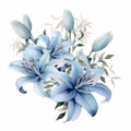 Elegant Blue Lily Bouquet: Realistic Watercolor Clipart On White Background Royalty Free Stock Photo