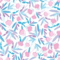 Elegant blue pink cotton flowers garden, field vector seamless pattern. Royalty Free Stock Photo