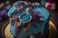 Elegant blue and purple flowered Birthday cake. Gourmet patisserie.