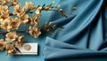 Elegant blue silk curtain with yellow flower, symbolizing love generated by AI