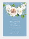 Elegant blue wedding invite card. Watercolor bouquet. Editable, floral vector illustration. Neutral beige, white, yellow roses, Royalty Free Stock Photo