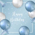 Elegant blue white silver ballon and party popper ribbon Happy Birthday celebration card banner template background