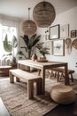 Elegant bohemian dining room with cozy interior. Eco-friendly and natural home decoration. Generative AI