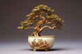 Elegant bonsai tree with golden trunk in a white ceramic pot on minimal background
