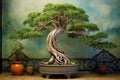 elegant bonsai tree with intricate branches against a garden backdrop