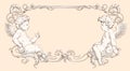 Elegant border frame with cupids for wedding, Valentine`s day and other holidays. Style of vintage engraving with Baroque ornament Royalty Free Stock Photo