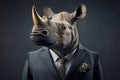 Portrait of a Rhinoceros Dressed in a Formal Business Suit, The Elegant Boss Rhinoceros, created with generative AI