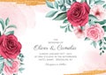 Elegant botanic wedding invitation card template set with watercolor and gold glitter decoration. Abstract floral background save Royalty Free Stock Photo